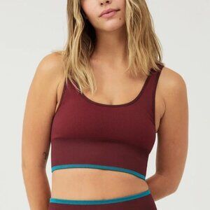 Outdoor Voices burgundy seamless sports bra with blue trim